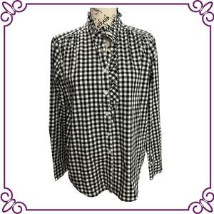 Ann Taylor Black & White Gingham Button Up Blouse with Ruffle Collar Small